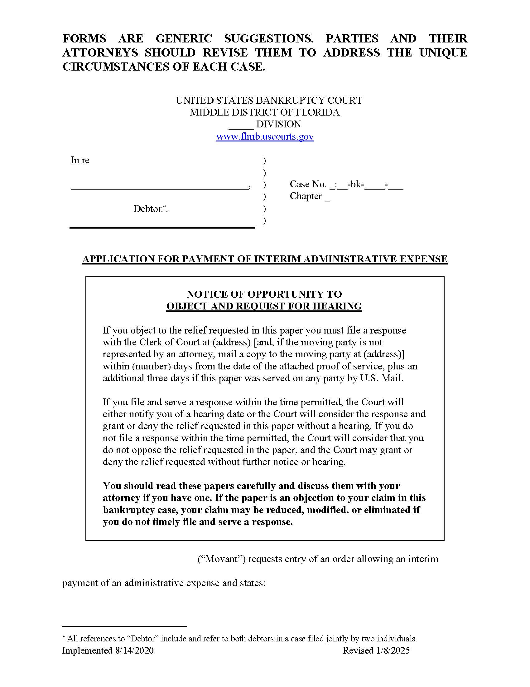 Motion For Payment Of Interim Administrative Expense {FLMB MPIAE} | Pdf Fpdf Docx | Florida