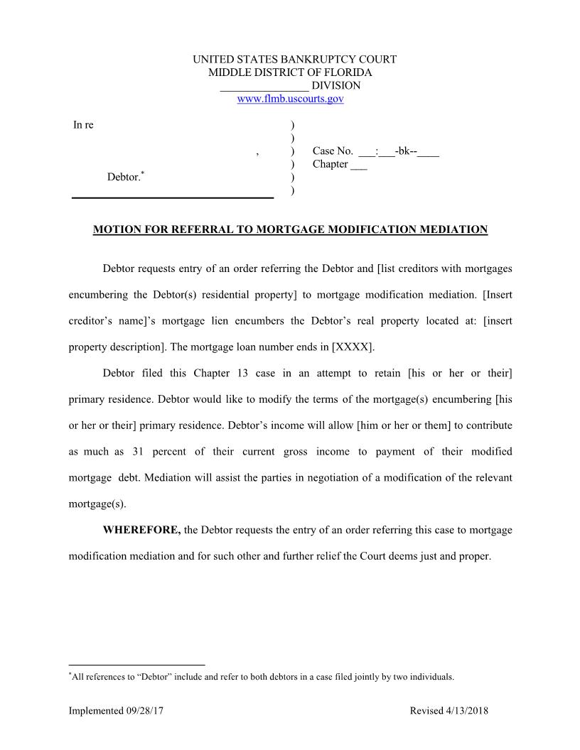 Motion For Referral To Mortgage Modification Mediation (Sample) {FLMB MRMMM} | Pdf Fpdf Docx | Florida