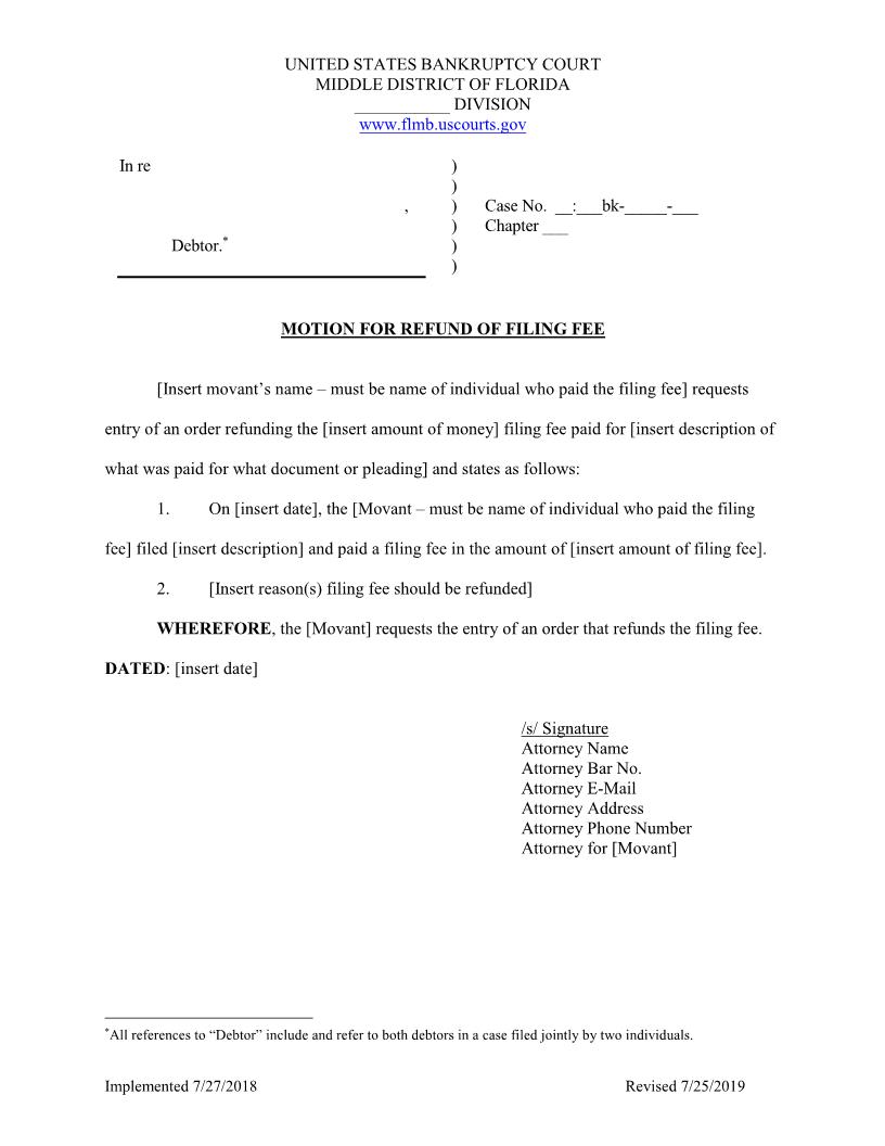 Motion For Refund Of Filing Fee (Sample) | Pdf Fpdf Docx | Florida