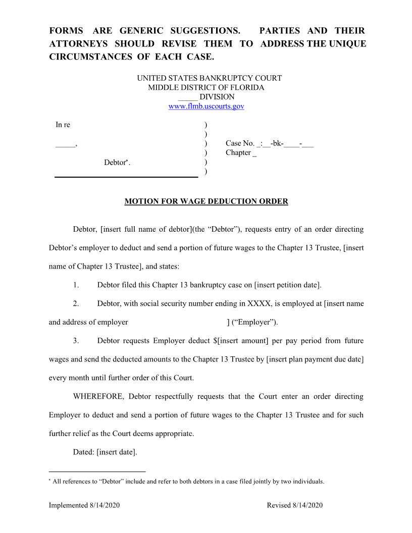 Motion For Wage Deduction Order {FLMB MWDO} | Pdf Fpdf Docx | Florida