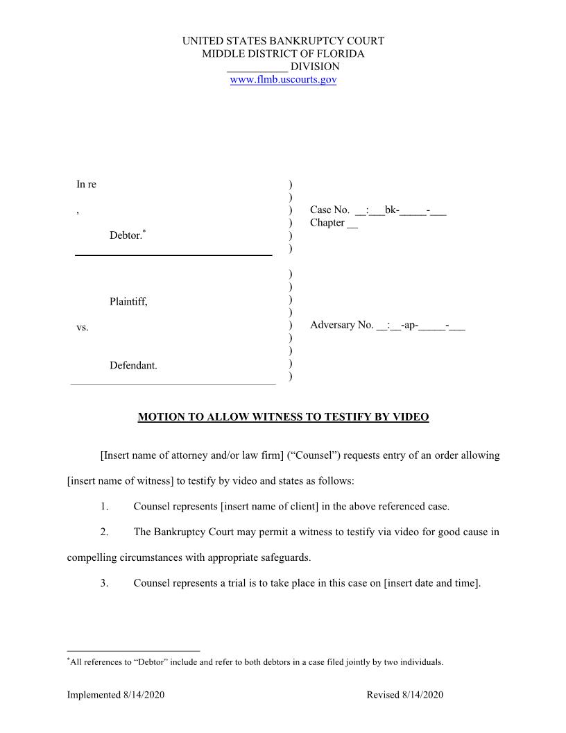 Motion To Allow Witness To Testify By Video (Adversary) (Sample) | Pdf Fpdf Docx | Florida