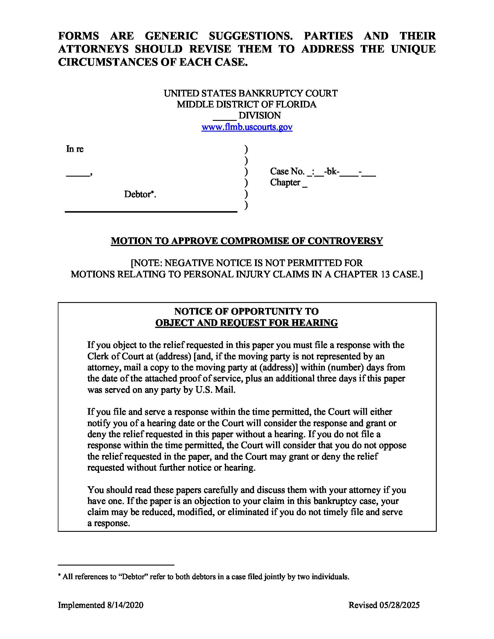 Motion To Approve Compromise Of Controversy {FLMB MACC} | Pdf Fpdf Docx | Florida