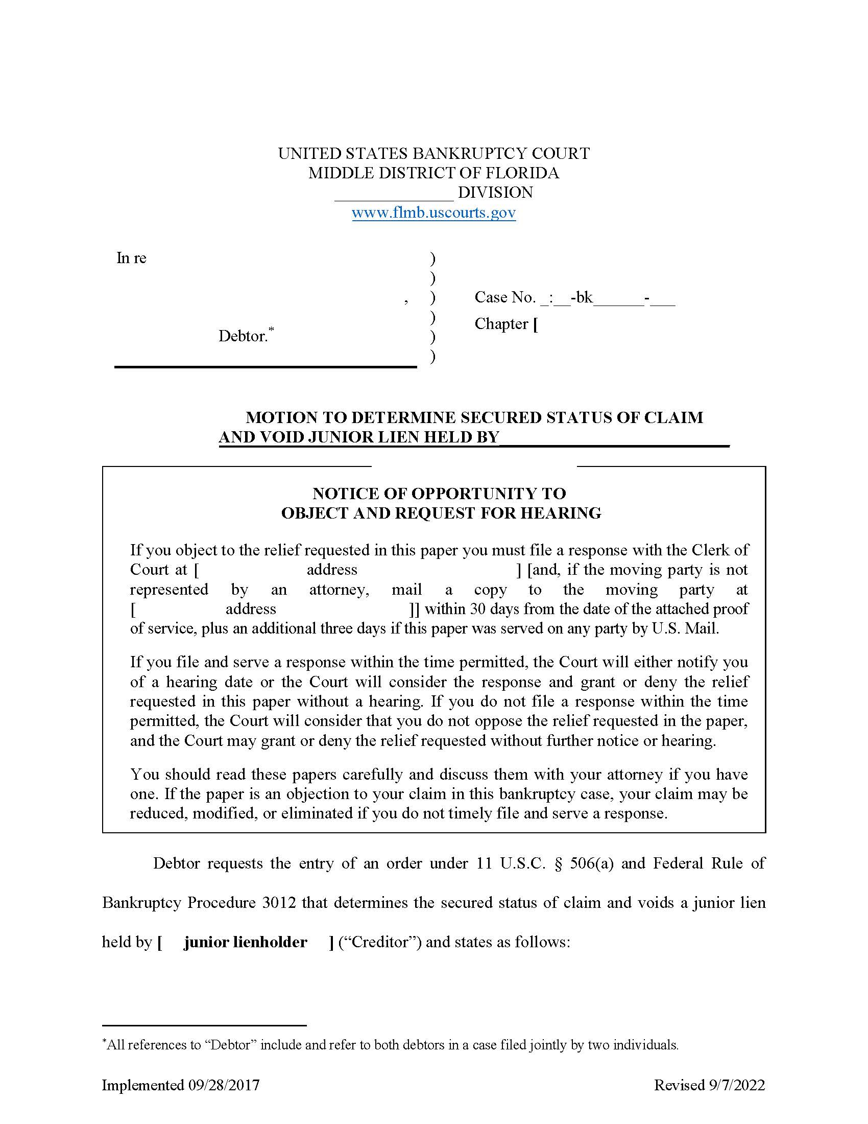 Motion To Determine Secured Status Of Claim Void Junior Lien {FLMB MDSSCVJL} | Pdf Fpdf Docx | Florida