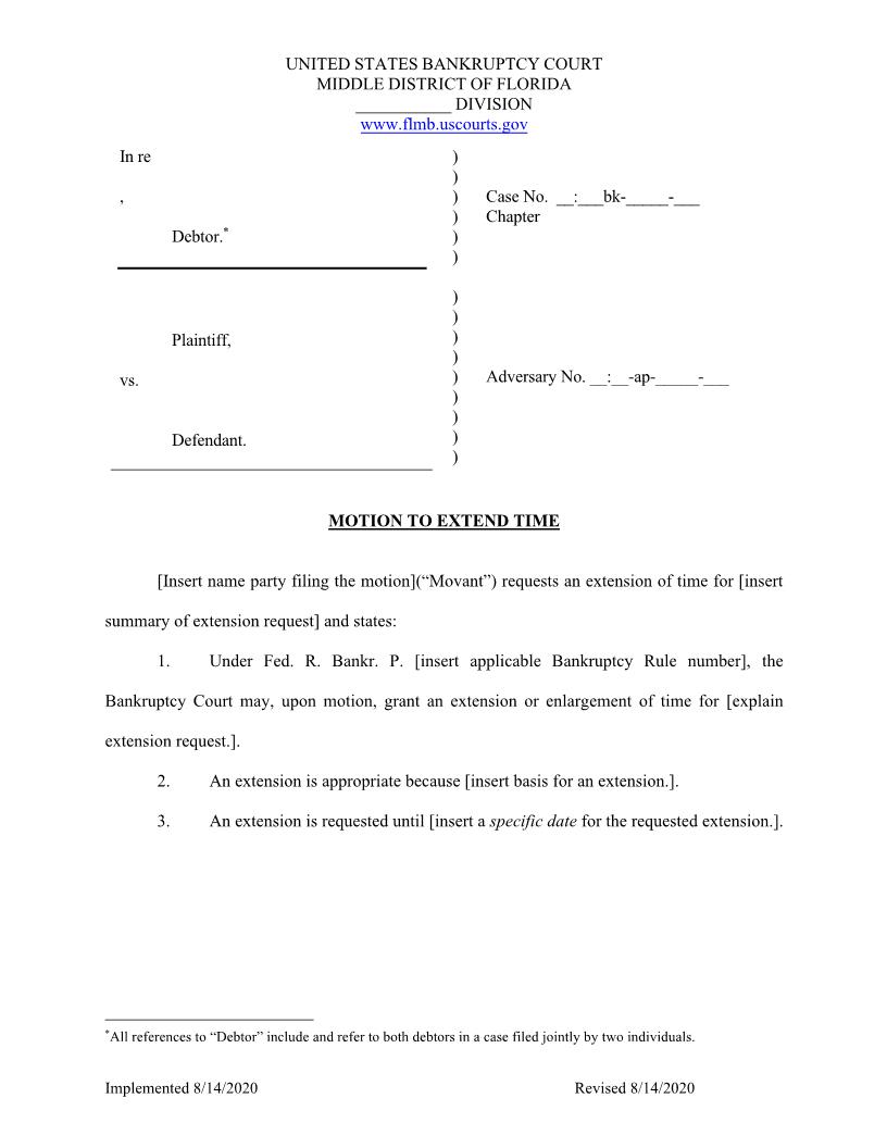 Motion To Extend Time (Adversary) (Sample) | Pdf Fpdf Docx | Florida