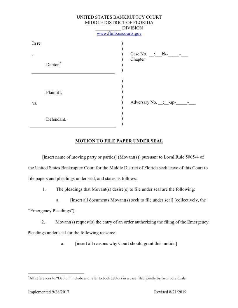 Motion To File Paper Under Seal (Adversary) (Sample) | Pdf Fpdf Docx | Florida