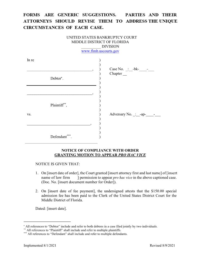 Notice Of Compliance With Order Granting Motion To Appear PHV {FLMB NCOGPHV} | Pdf Fpdf Docx | Florida