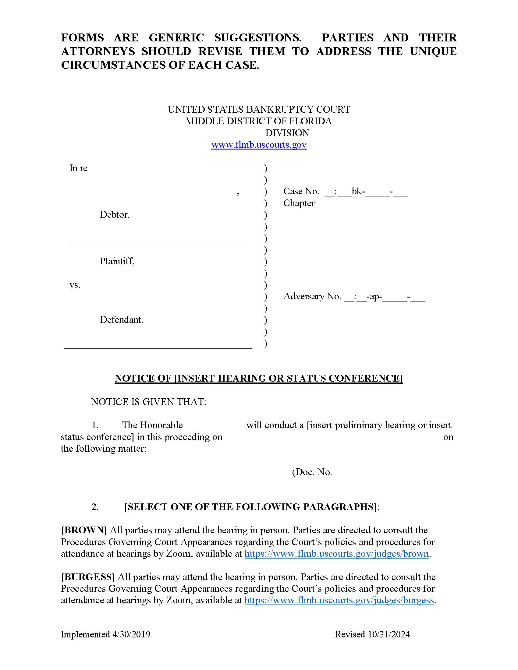 Notice Of Hearing (Adversary) {FLMB NoH-A} | Pdf Fpdf Docx | Florida
