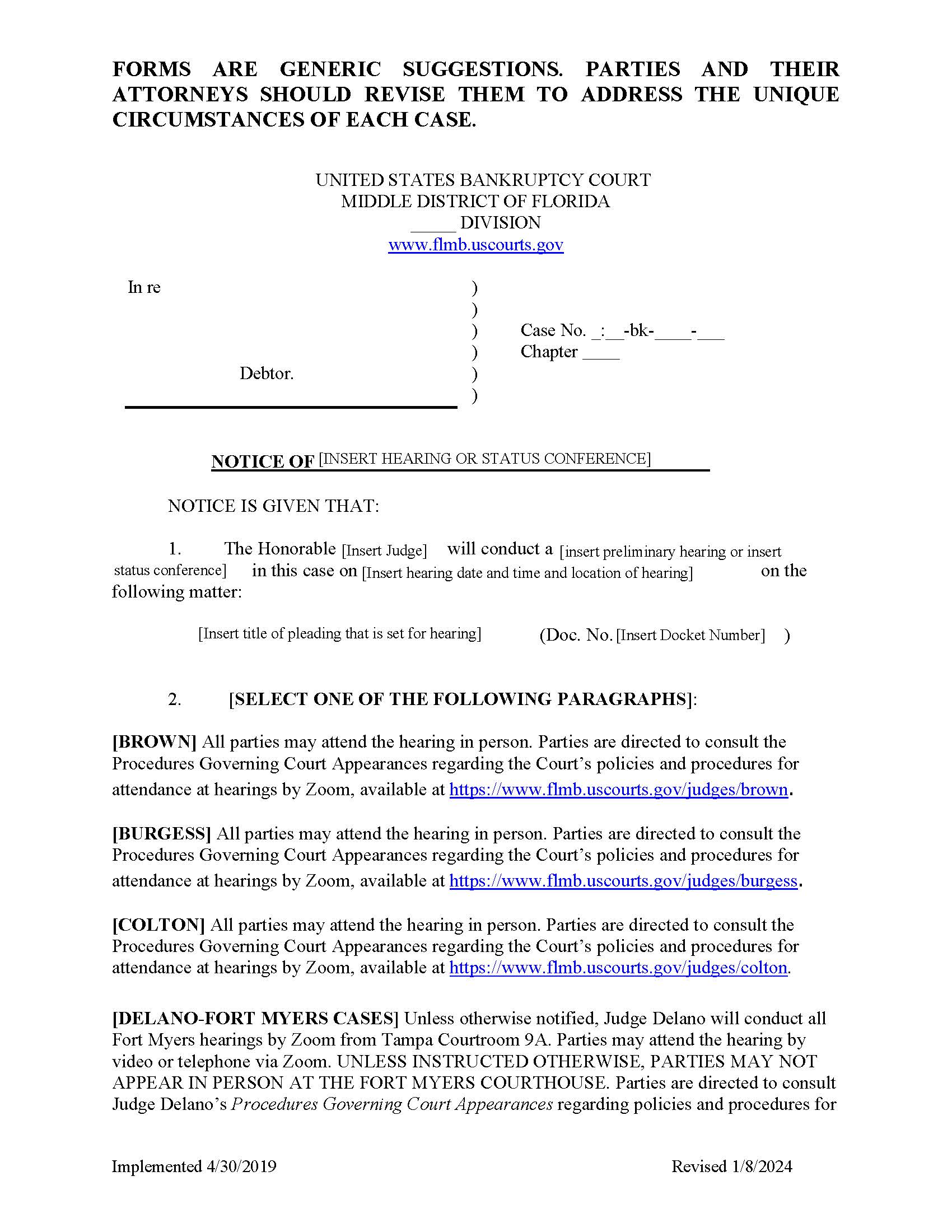 Notice Of Hearing (Bankruptcy) {FLMB NHB} | Pdf Fpdf Docx | Florida