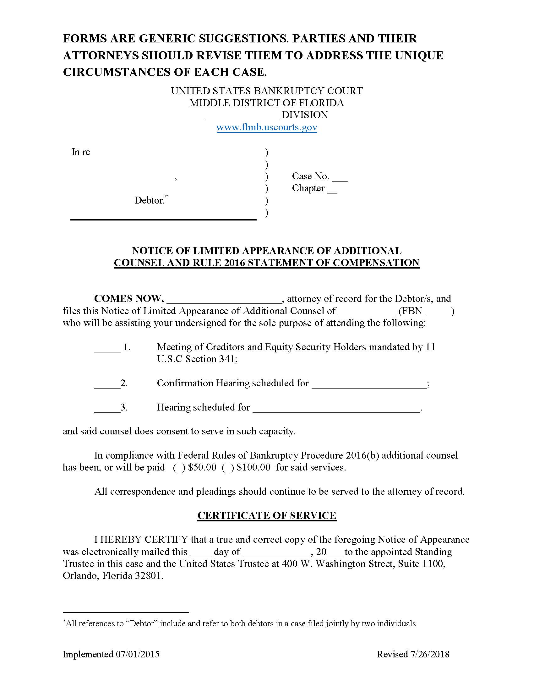 Notice Of Limited Appearance Additional Counsel Rule 2016 Statement Of Compensation {FLMB NLAAC} | Pdf Fpdf Doc Docx | Florida