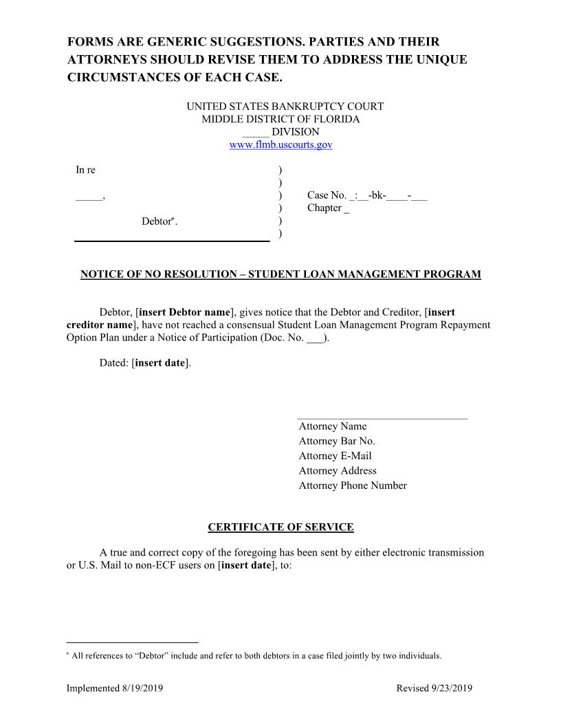 Notice Of No Resolution - Student Loan Management Program {FLMB NNRSLMP} | Pdf Fpdf Docx | Florida