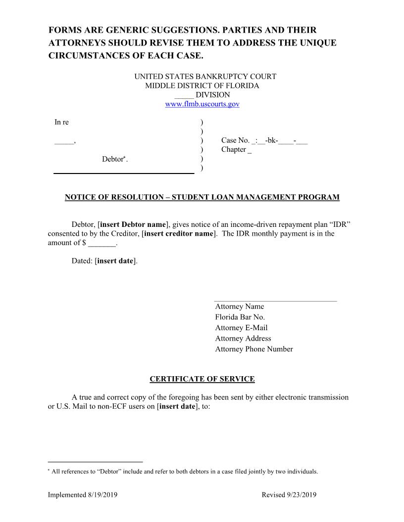 Notice Of Resolution - Student Loan Management Program {FLMB NRSLMP} | Pdf Fpdf Docx | Florida