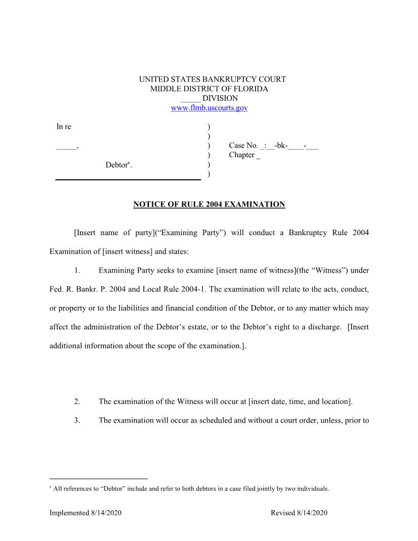 Notice Of Rule 2004 Examination (Sample) | Pdf Fpdf Docx | Florida