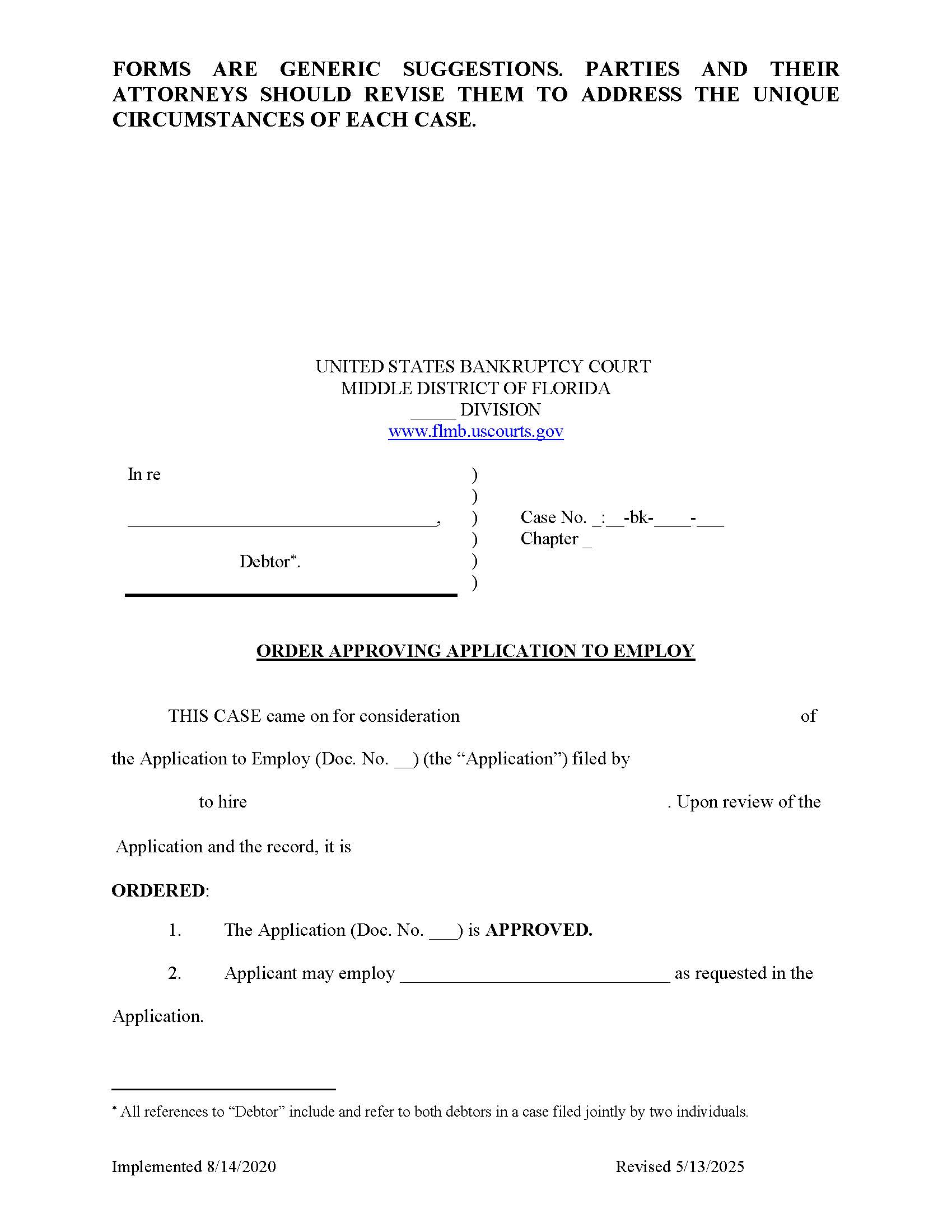 Order Approving Application To Employ {FLMB OAAE} | Pdf Fpdf Docx | Florida