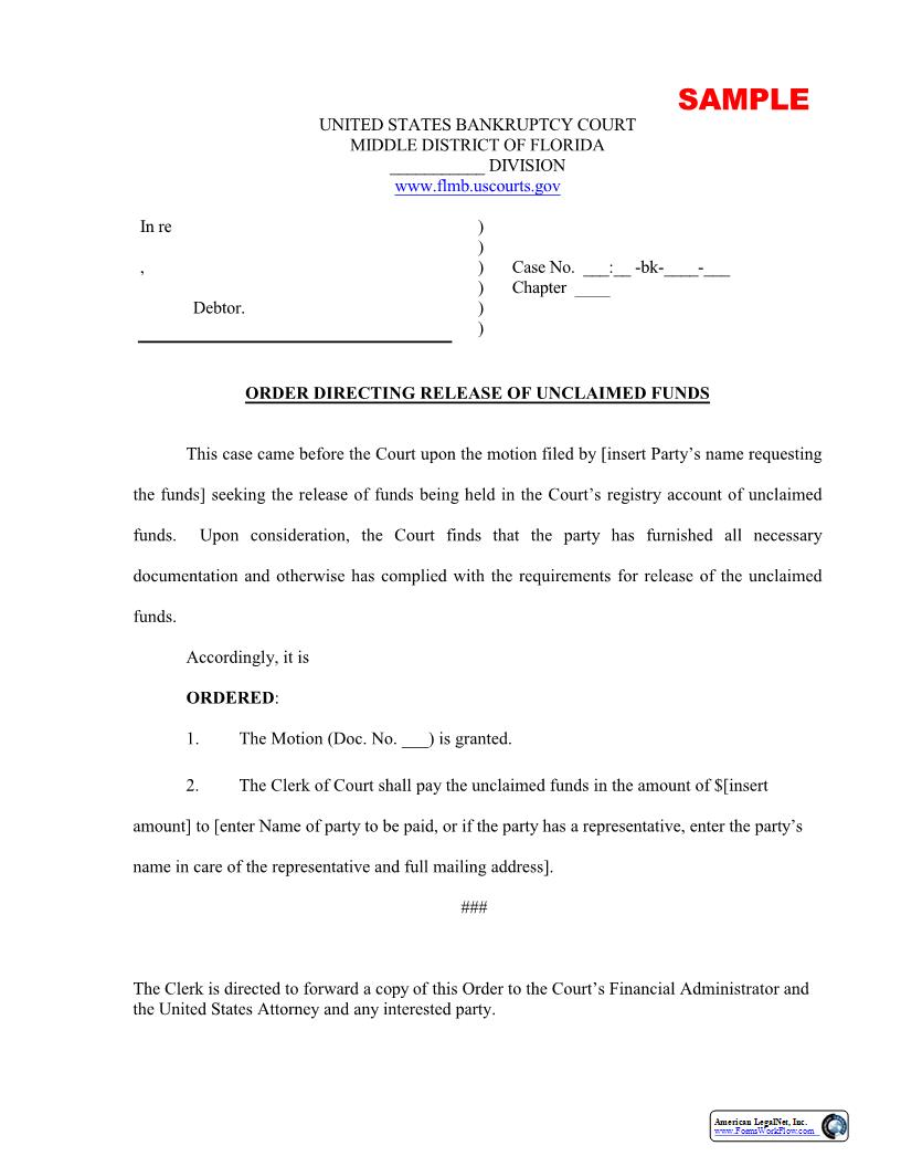 Order Directing Release Of Unclaimed Funds (Sample And Form) {FLMB ODRUF} | Pdf Fpdf Docx | Florida