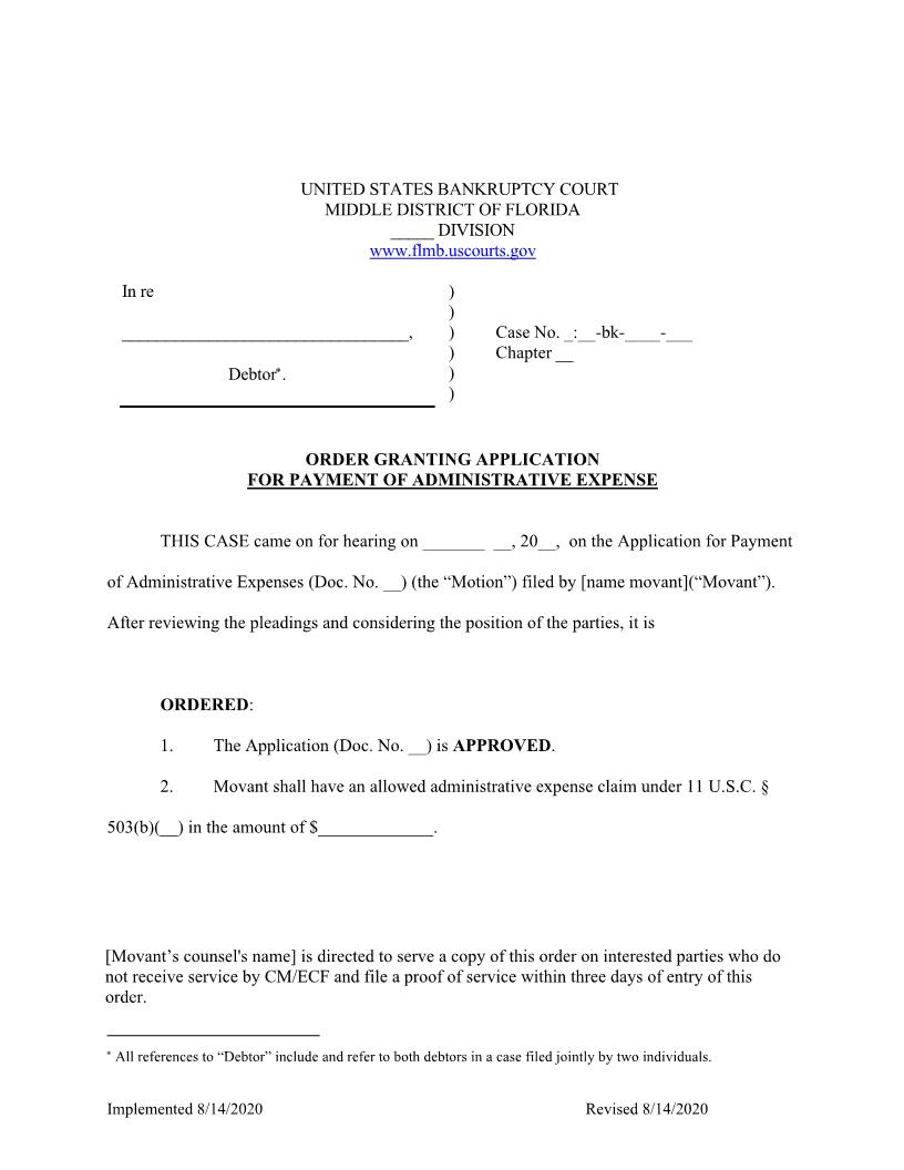 Order Granting Application For Payment Of Administrative Expense (Sample) | Pdf Fpdf Docx | Florida