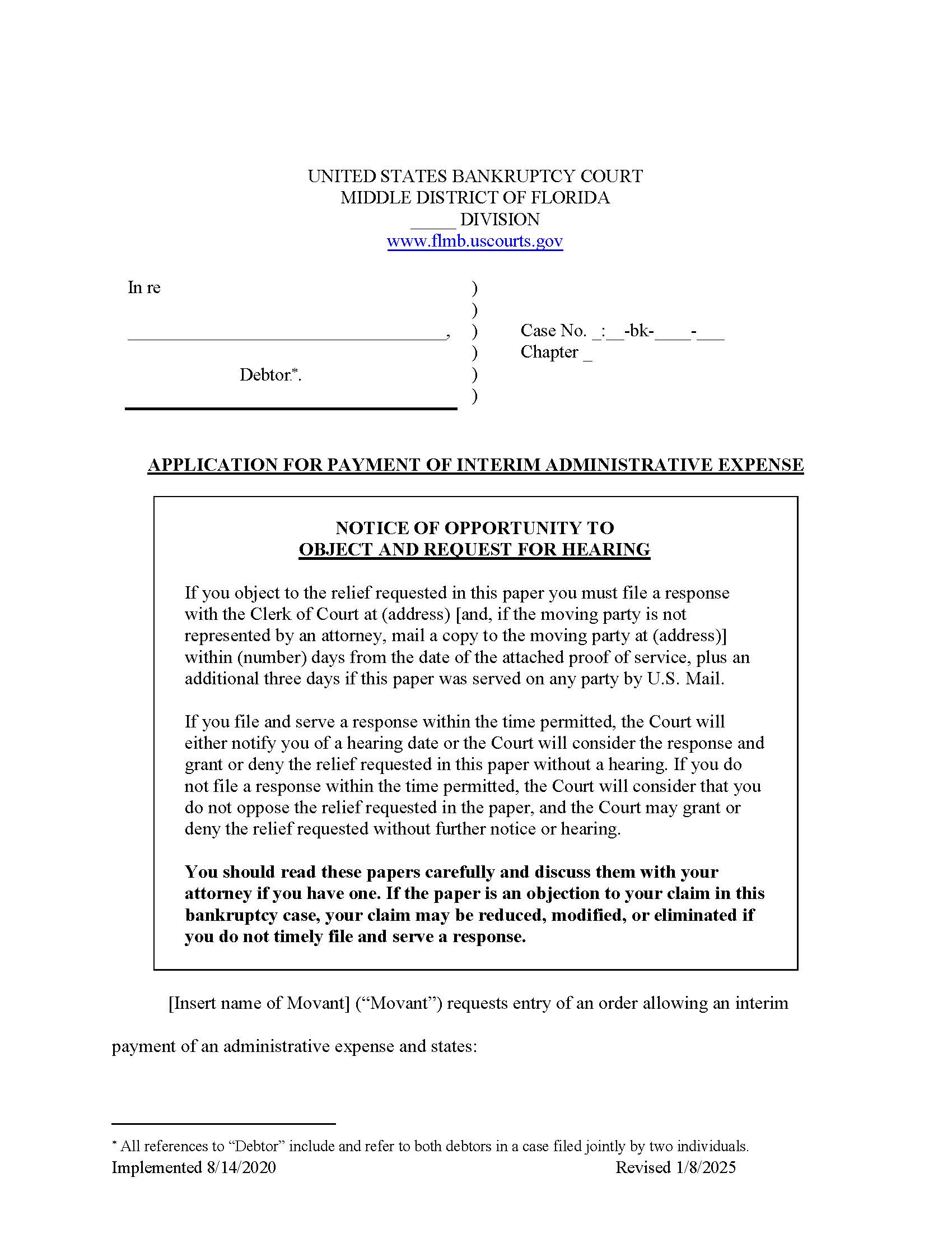 Order Granting Application For Payment Of Interim Administrative Expense (Sample) | Pdf Fpdf Docx | Florida