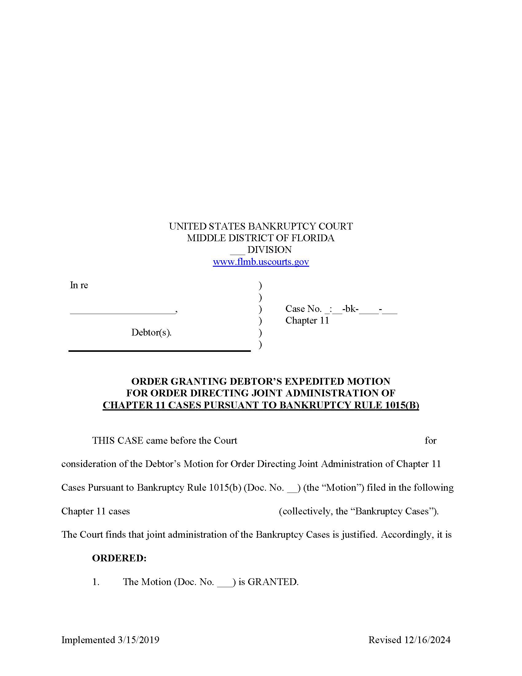Order Granting Debtors Expedited Motion For Order Directing Joint Administration {FLMB OGMJA} | Pdf Fpdf Docx | Florida