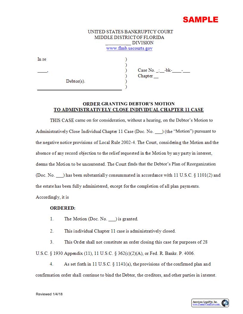 Order Granting Debtors Motion To Administratively Close Ch 11 Case (Sample And Form) {FLMB OGMAC-CH11} | Pdf Fpdf Docx | Florida