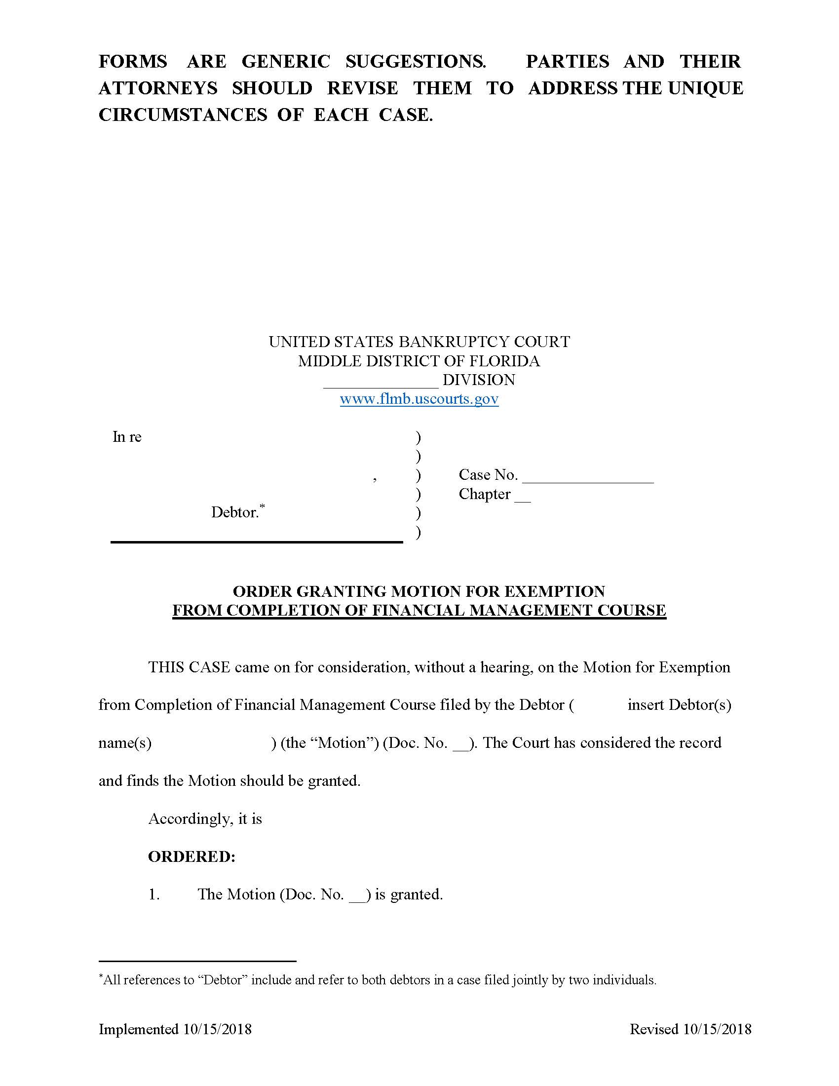 Order Granting Motion Exemption From Completion Of Financial Management Course {FLMB OGMECFC} | Pdf Fpdf Docx | Florida
