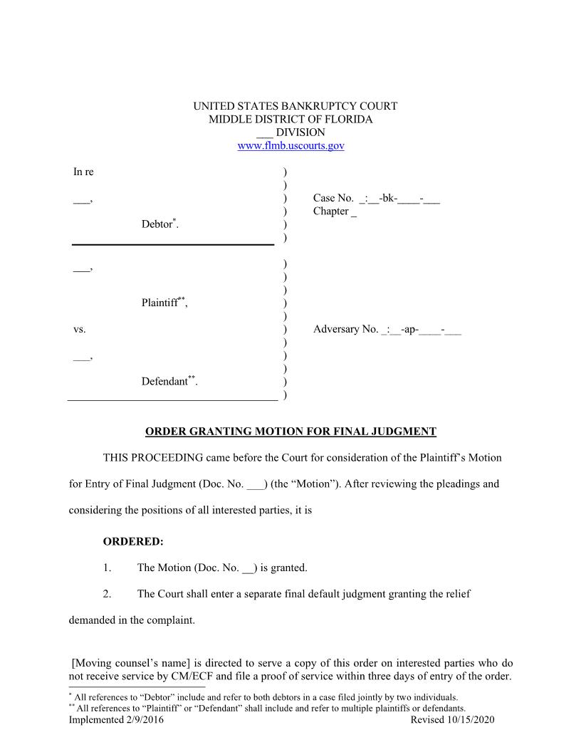 Order Granting Motion Final Judgment (Adversary) (Sample) | Pdf Fpdf Docx | Florida