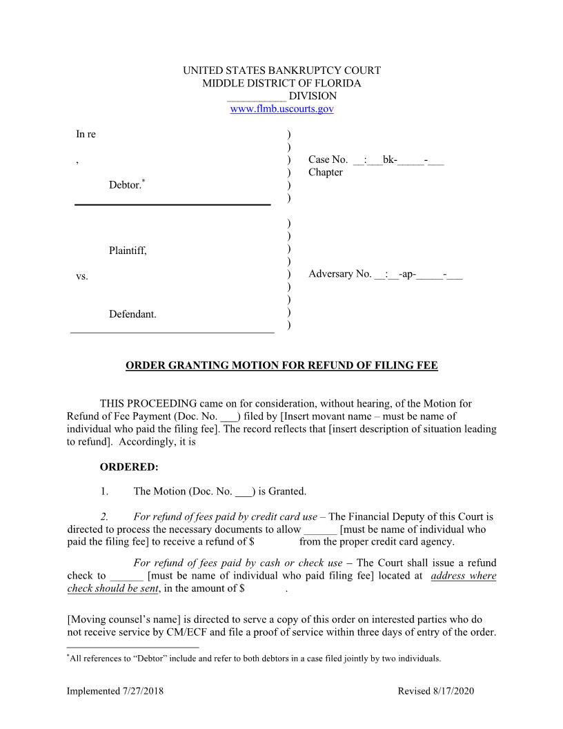 Order Granting Motion For Refund Of Filing Fee (Adversary) (Sample) | Pdf Fpdf Docx | Florida