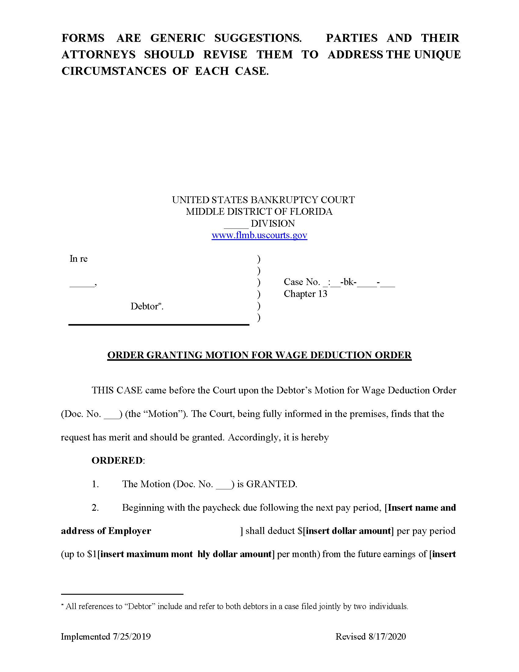 Order Granting Motion For Wage Deduction Order {FLMB OGMWD} | Pdf Fpdf Docx | Florida