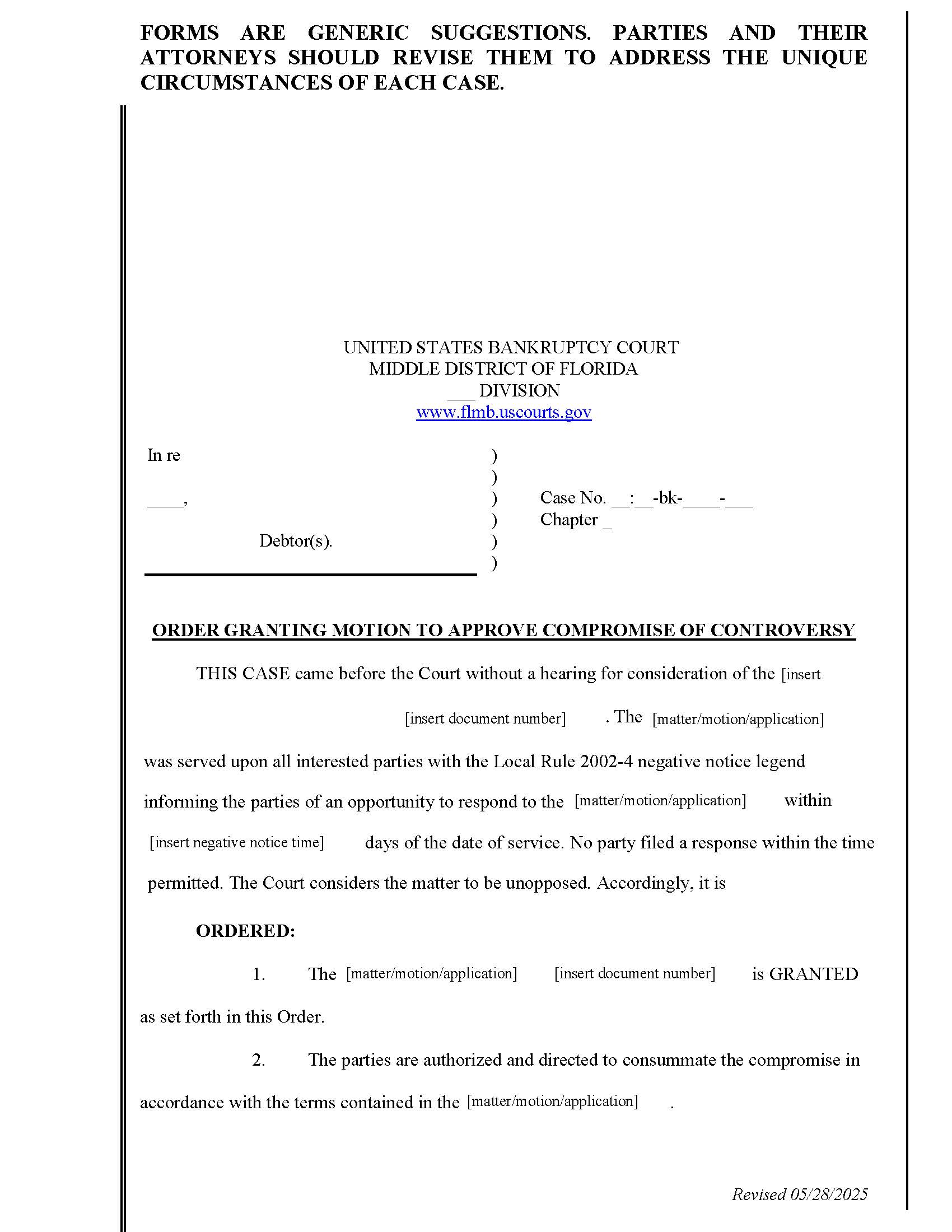 Order Granting Motion To Approve Compromise Of Controversy {FLMB OGMACC} | Pdf Fpdf Docx | Florida