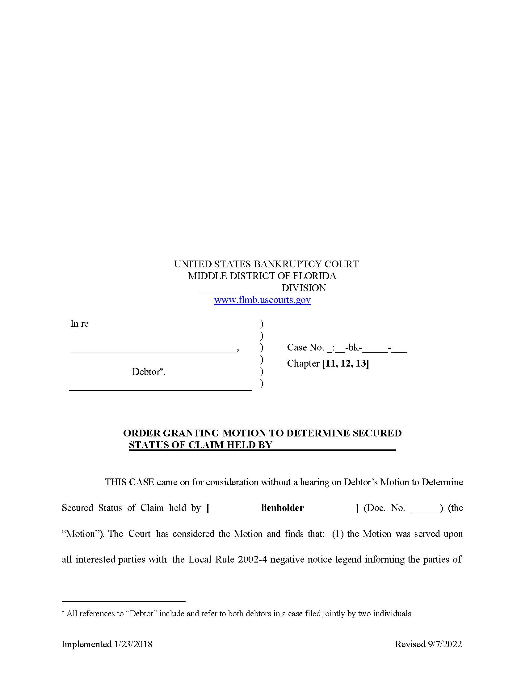 Order Granting Motion To Determine Secured Status Of Claim {FLMB OGMDSSC} | Pdf Fpdf Docx | Florida