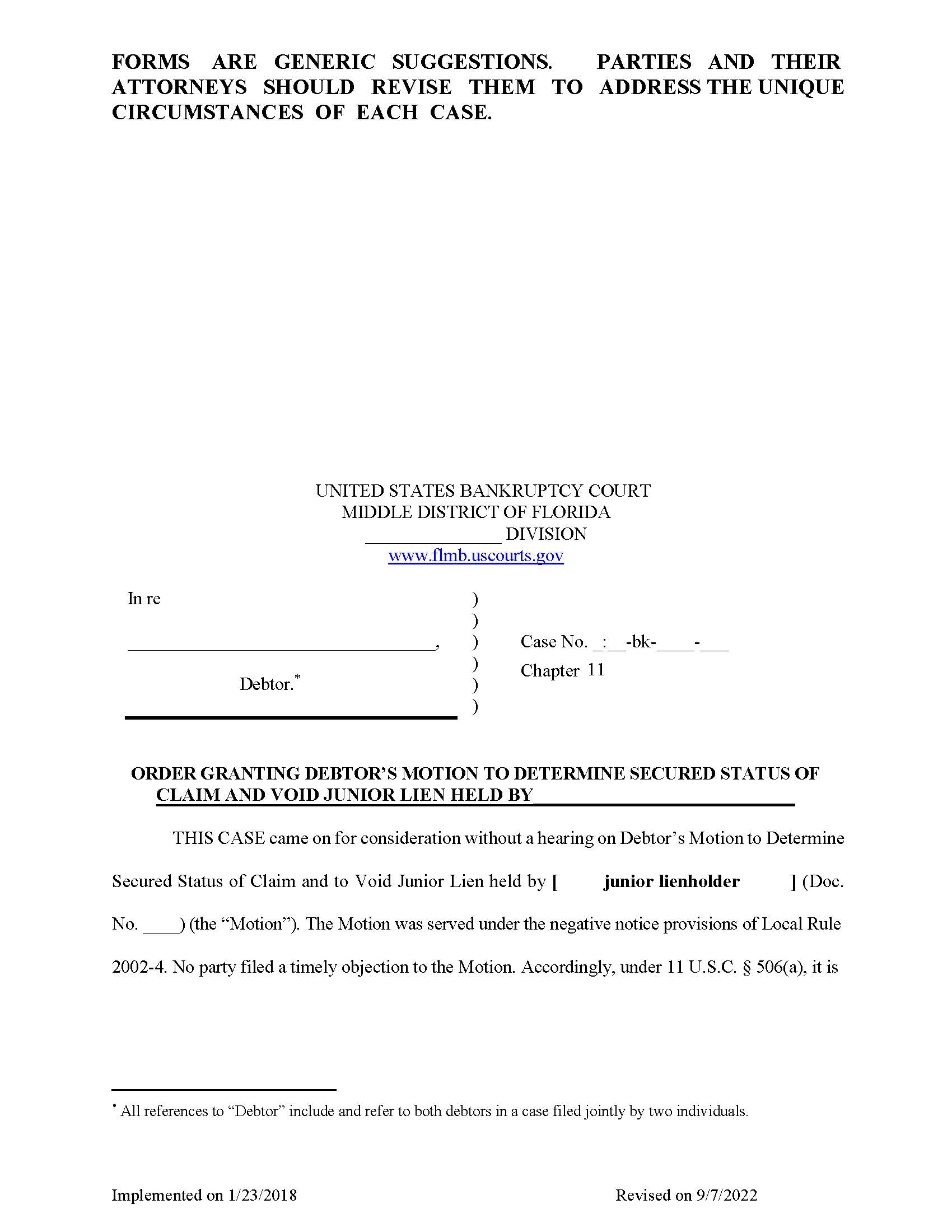 Order Granting Motion To Determine Secured Status Void Junior Lien {FLMB OGMDSSCVJL} | Pdf Fpdf Docx | Florida