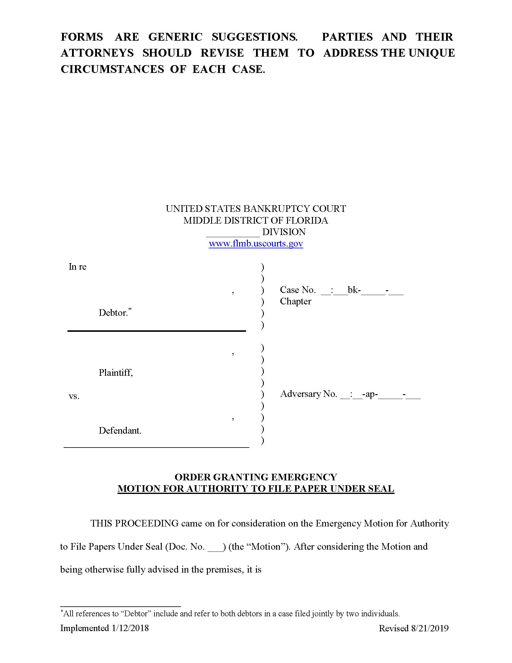 Order Granting Motion To File Paper Under Seal (Adversary) {FLMB OGMFUS} | Pdf Fpdf Docx | Florida