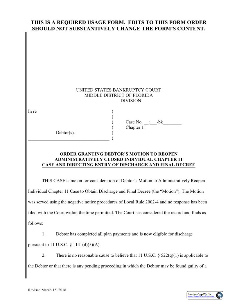 Order Granting Motion To Reopen Administratively Closed Chapter 11 Case {FLMB OGRC11} | Pdf Fpdf Docx | Florida