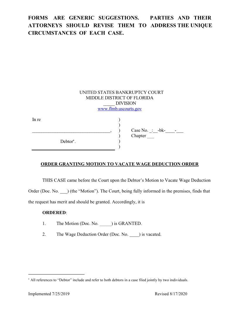 Order Granting Motion To Vacate Wage Deduction Order {FLMB OGMVWD} | Pdf Fpdf Docx | Florida