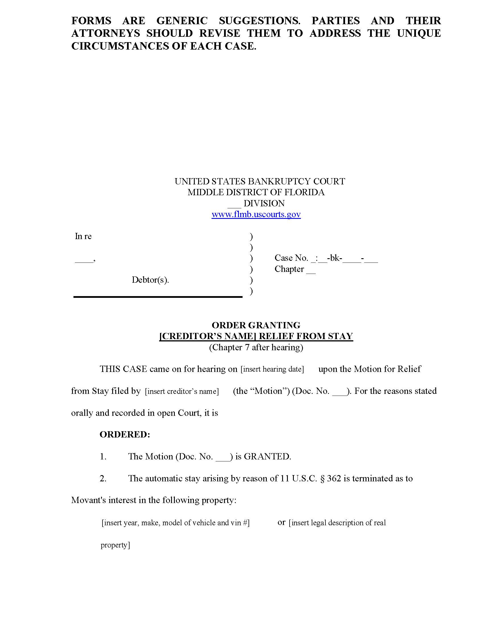 Order Granting Relief From Stay (Ch 7 After Hearing) (Sample And Form) {FLMB OGRS-CH7AH} | Pdf Fpdf Docx | Florida
