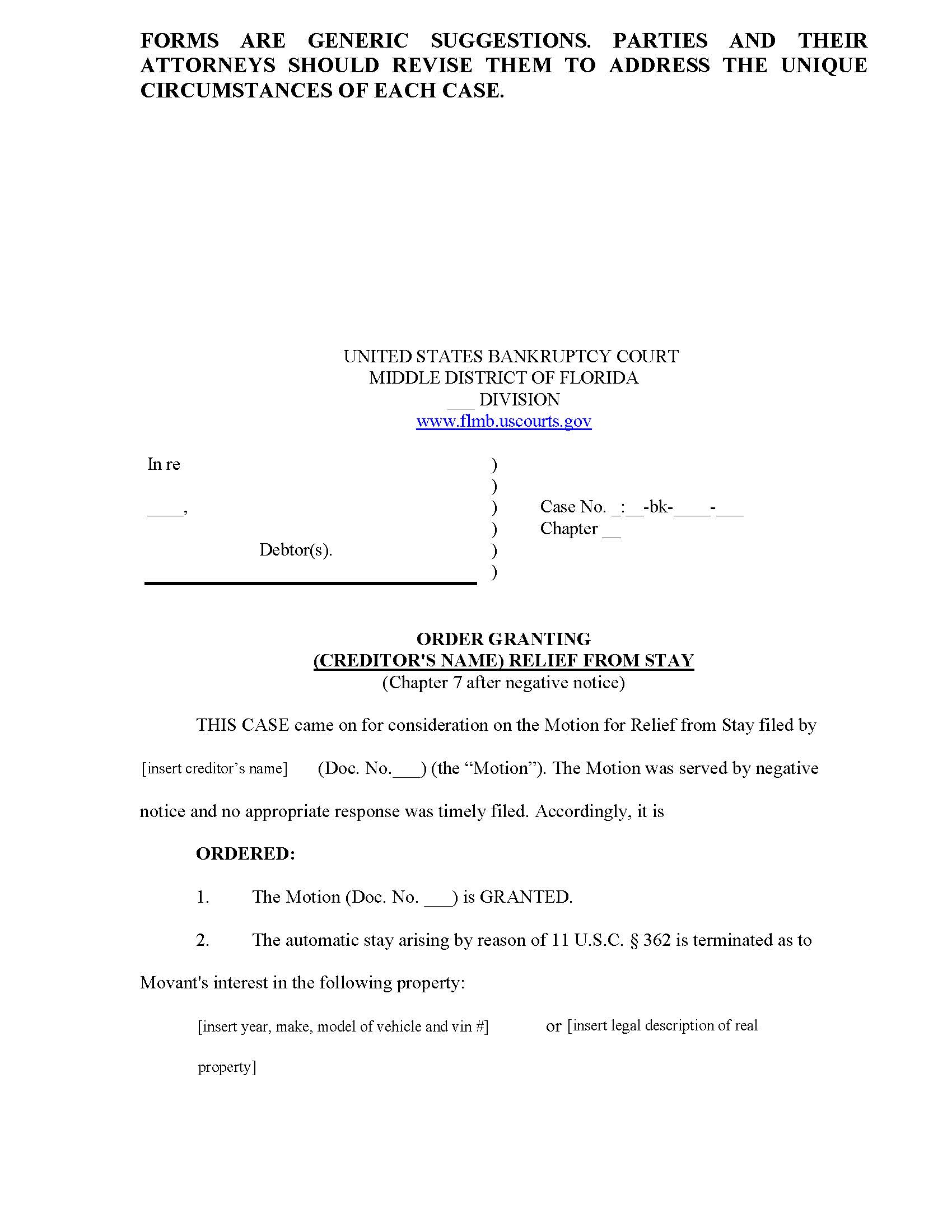 Order Granting Relief From Stay (Ch 7 After Negative Notice) (Sample And Form) {FLMB OGRS-CH7ANN} | Pdf Fpdf Docx | Florida