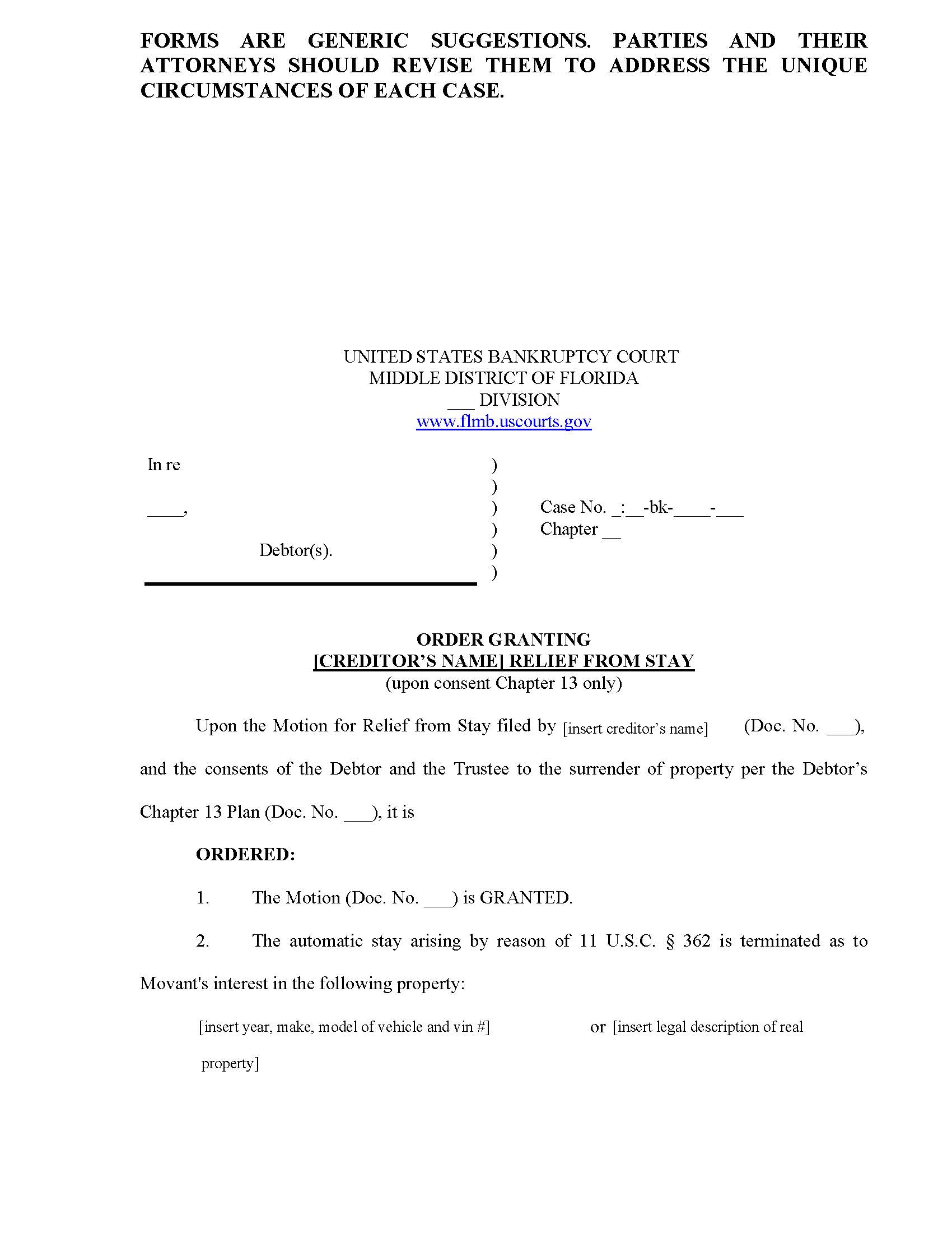 Order Granting Relief From Stay (Upon Consent Ch 13) (Sample And Form) {FLMB OGRS-CH13UC} | Pdf Fpdf Docx | Florida
