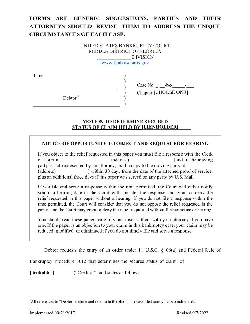 Sample Motion To Determine Secured Status Of Claim {FLMB MDSSC} | Pdf Fpdf Docx | Florida