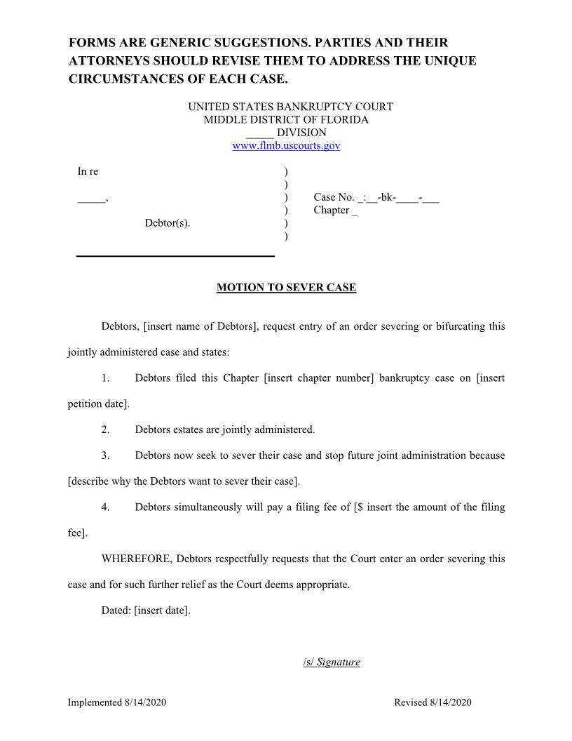 Sample Motion To Sever Case {FLMB MSC} | Pdf Fpdf Docx | Florida