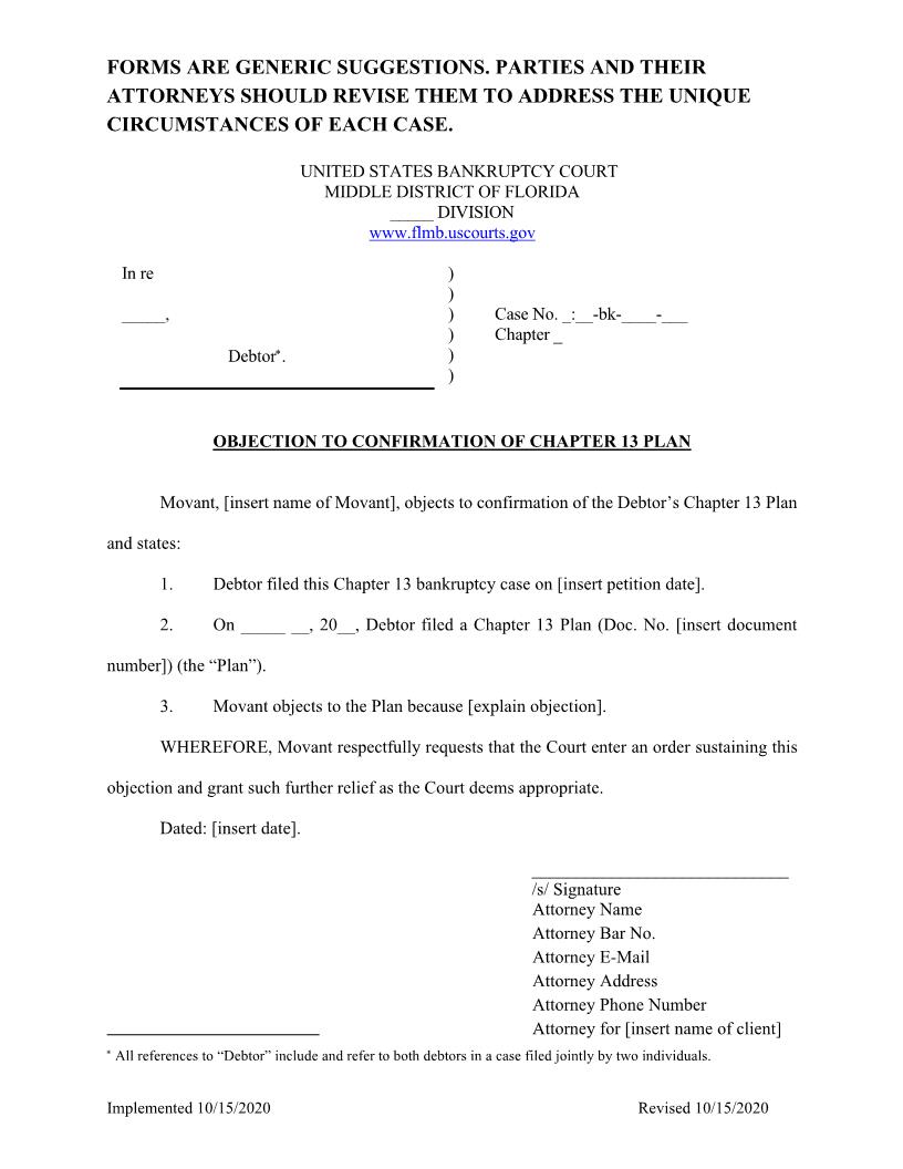 Sample Objection To Confirmation Of Chapter 13 Plan {FLMB OC-Ch13P} | Pdf Fpdf Docx | Florida