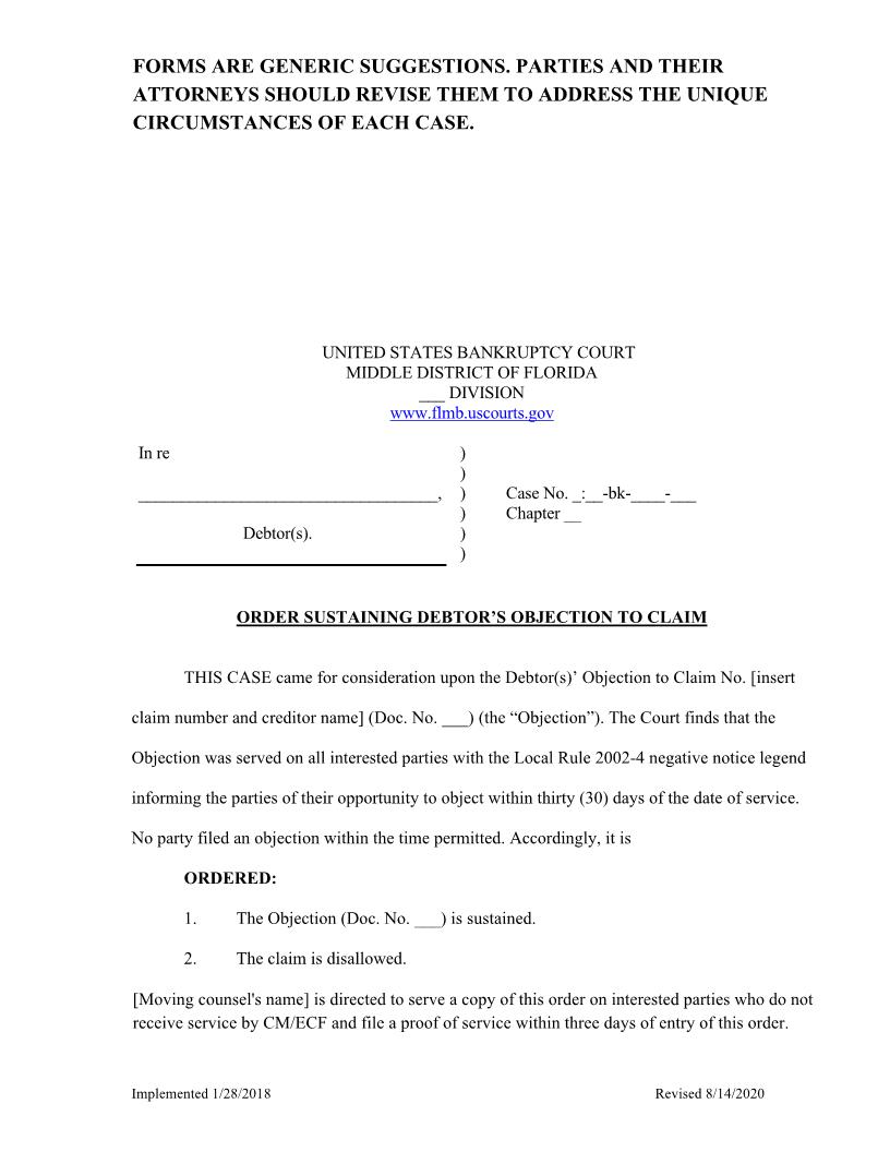Sample Order Sustaining Debtors Objection To Claim {FLMB OSDOC} | Pdf Fpdf Docx | Florida