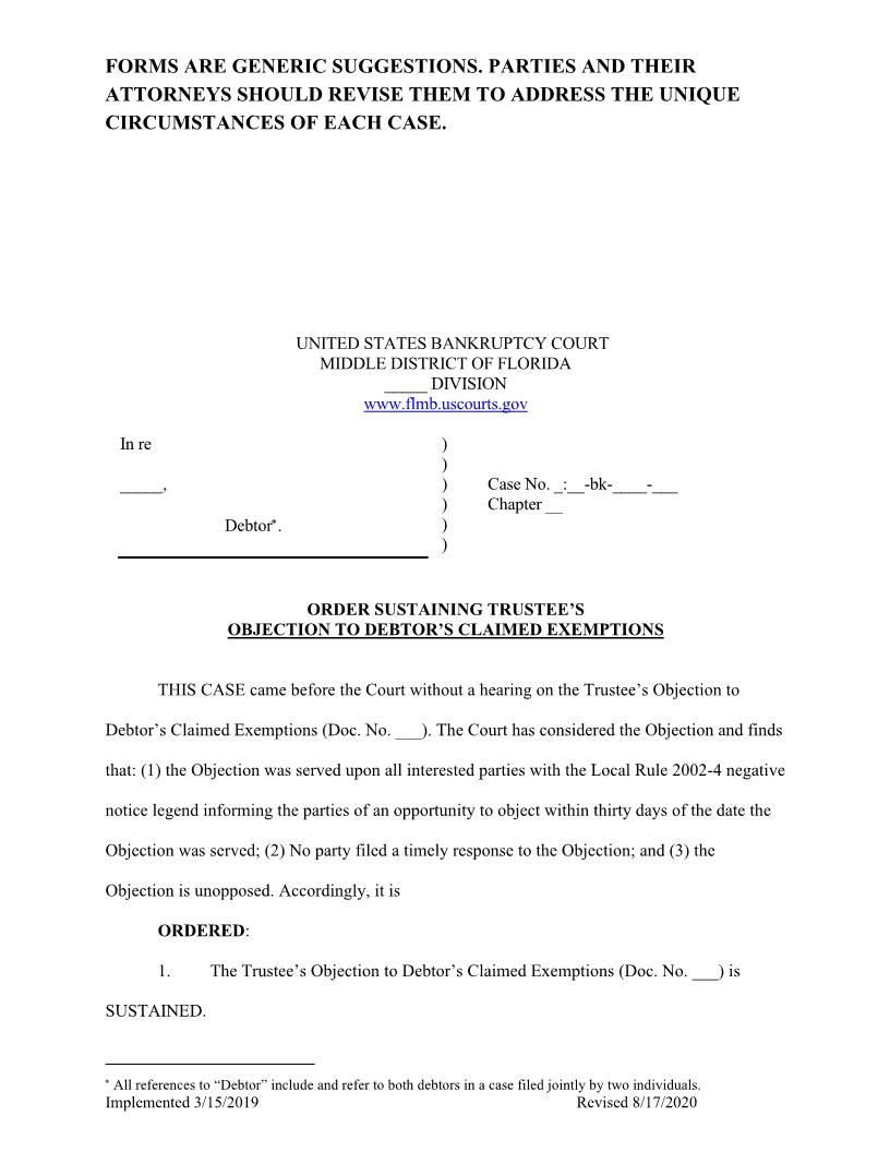 Sample Order Sustaining Objection To Debtors Claimed Exemptions {FLMB OSODCE} | Pdf Fpdf Docx | Florida
