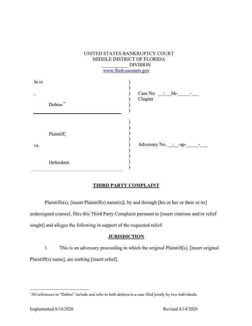 Third Party Complaint (Adversary) (Sample) | Pdf Fpdf Docx | Florida
