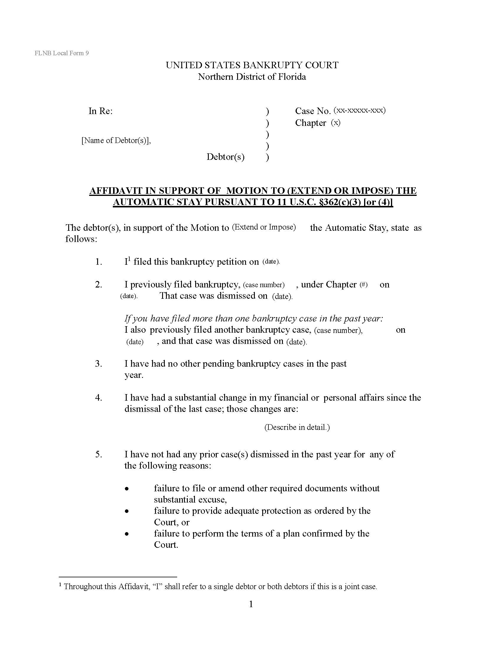 Affidavit In Support Motion To (Extend Or Impose) Automatic Stay {LF-9} | Pdf Fpdf Docx | Florida