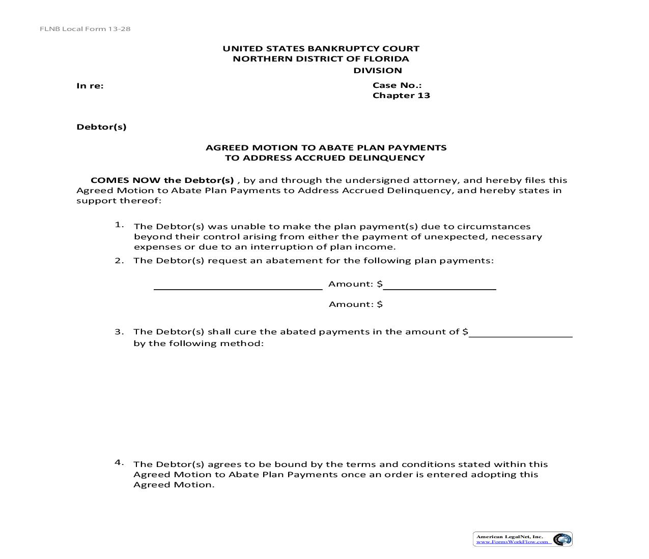 Agreed Motion To Abate Plan Payments To Address Accrued Delinquency {13-28} | Pdf Fpdf Doc Docx | Florida