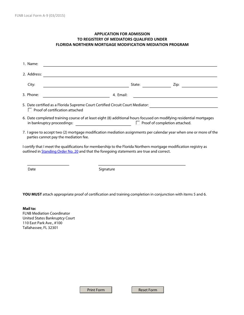 Application For Admission To Registry Of Mediators (MMM Qualified) {A-9} | Pdf Fpdf Docx | Florida