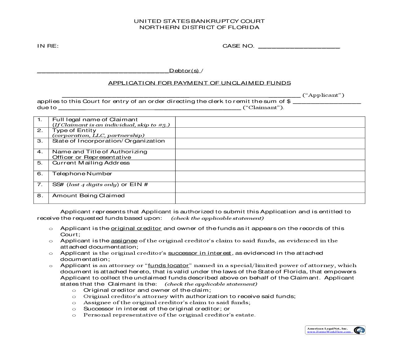 Application For Payment Of Unclaimed Funds And Affidavit Of Claimant | Pdf Fpdf Doc Docx | Florida