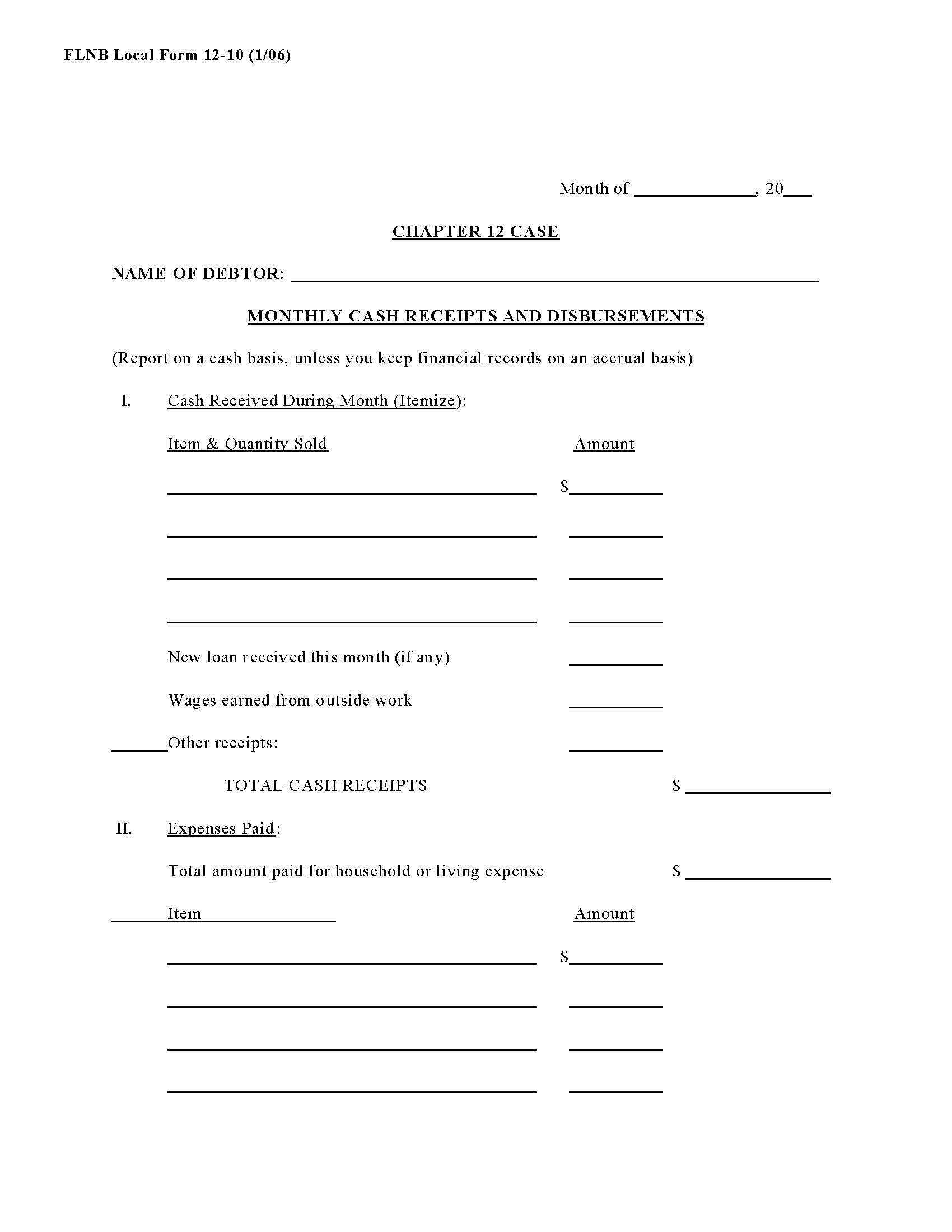 Chapter 12 Case Monthly Cash Receipts And Disbursements {LF-12-10} | Pdf Fpdf Docx | Florida