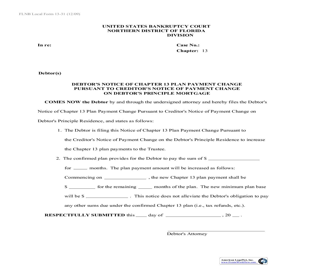 Debtor(s) Notice Of Chapter 13 Plan Payment Change On Debtor(s) Principal Residence (Pursuant To Creditors Notice) {13-31} | Pdf Fpdf Doc Docx | Florida