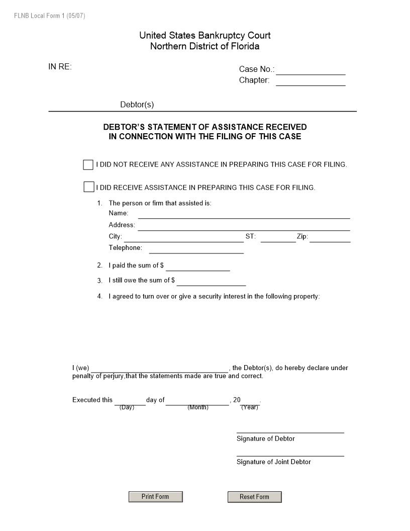 Debtors Statement Of Assistance Received In Filing This Case {LF-1} | Pdf Fpdf Docx | Florida
