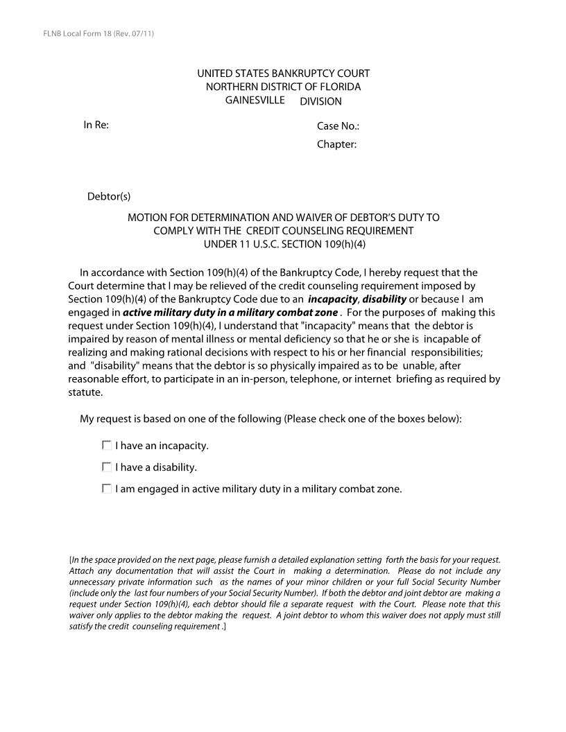 Motion For Determination And Waiver To Comply With Credit Counseling {LF-18} | Pdf Fpdf Docx | Florida
