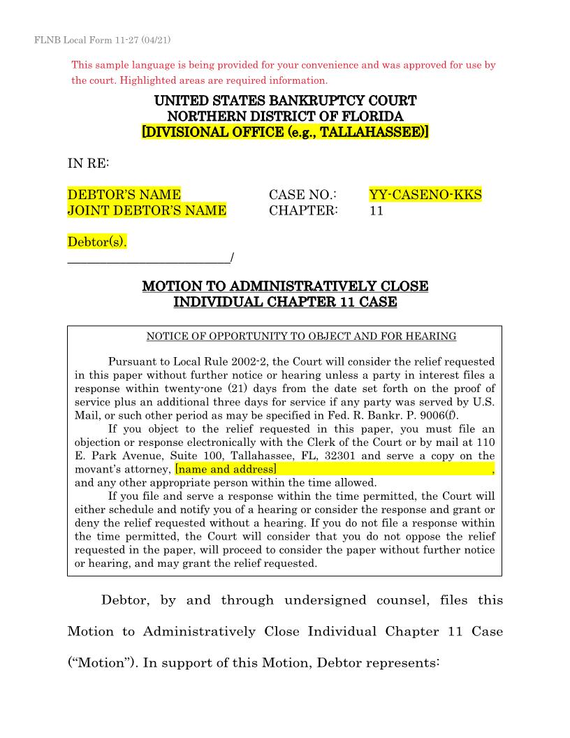 Motion To Administratively Close Individual Chapter 11 Case {11-27} | Pdf Fpdf Docx | Florida